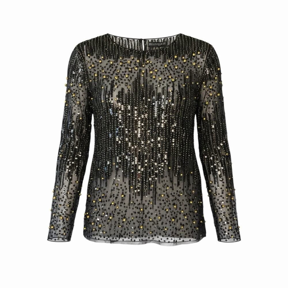 Ellyndale Beaded Embroidered Mesh Blouse One Size Black Gold Sequin Long Sleeve